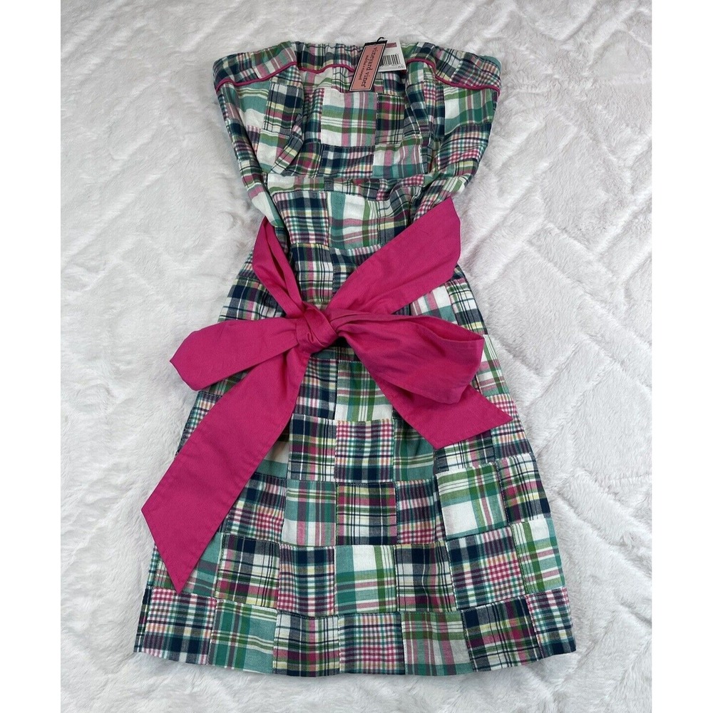 Vineyard Vines Patchwork Plaid Dress Womens 00 Colorful Strapless Sash Mini NWT